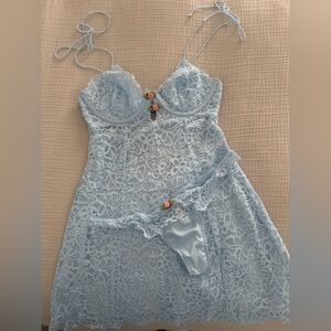 For Love And Lemons Light Blue Lace Chemise Set
